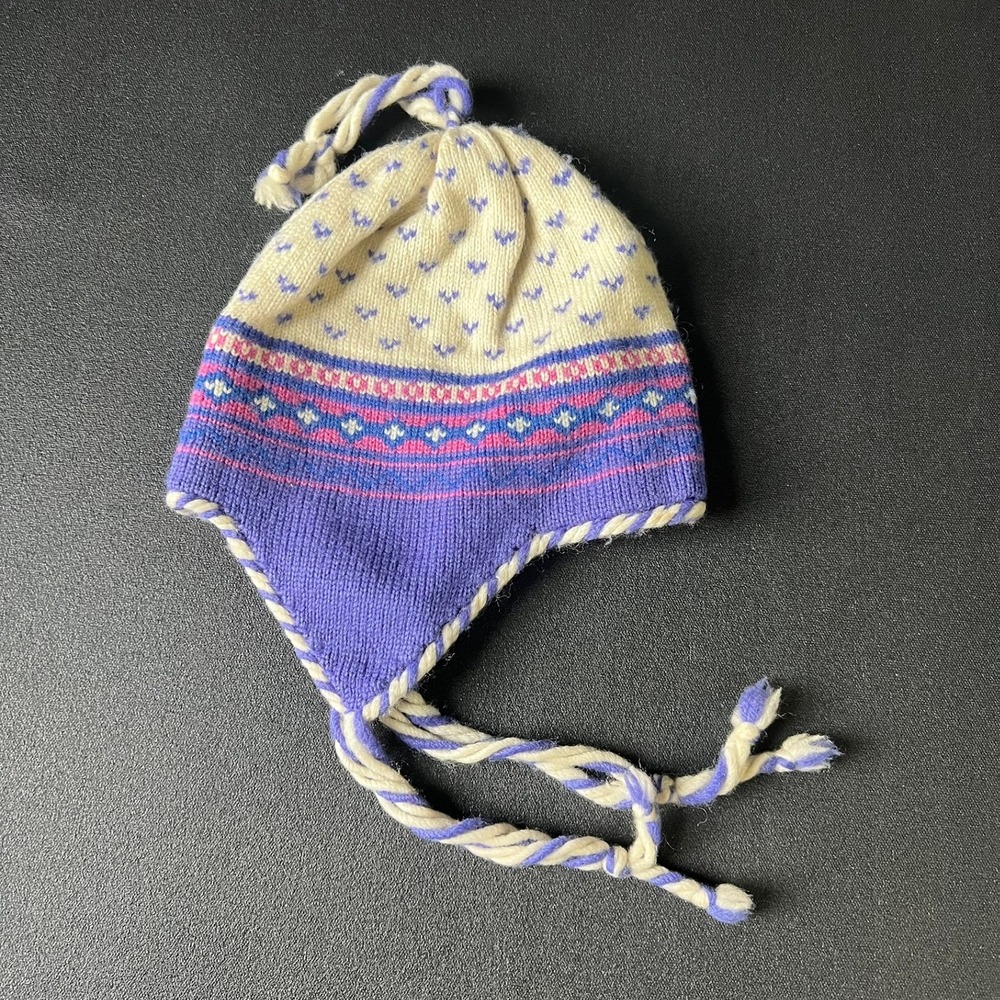 Vtg Top Notch Knits Kids Wool Earflap Hat Purple Fair Isle Nordic Handmade USA